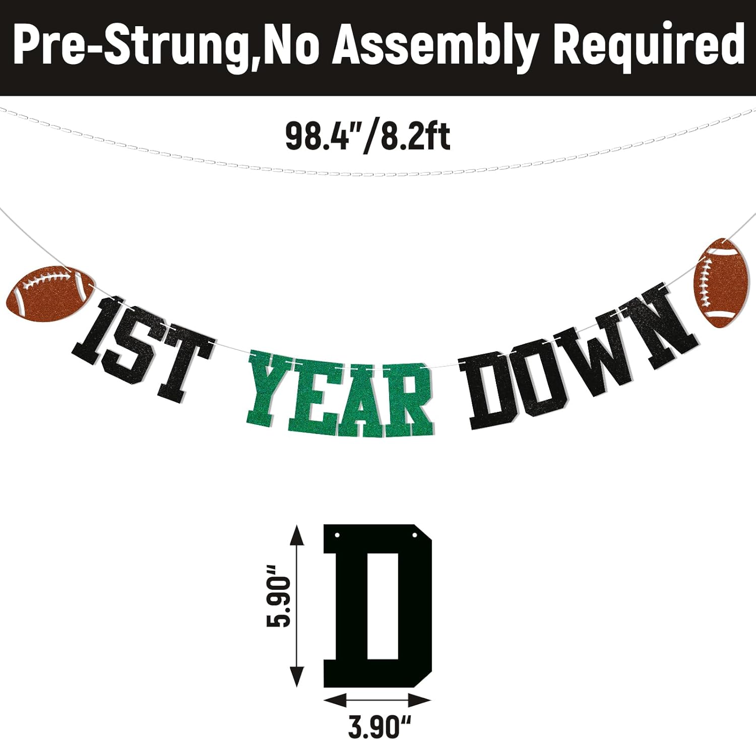 Pre-Strung Football 1st Birthday Bunting Banner Green Black Glitter