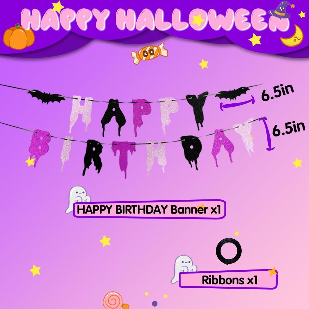 Happy Birthday Halloween Banner with Glitter Bats
