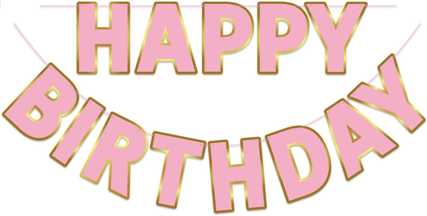 Happy Birthday Banner 9ft Pink Gold Pre-Strung Decor