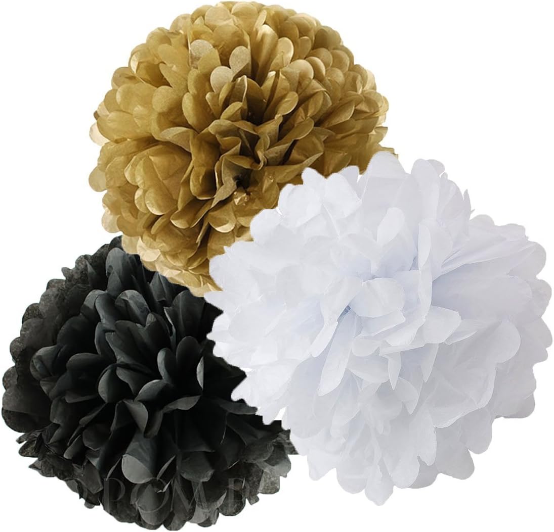 Congratulations Banner Garland Bunting with 12 Black Gold Grey Tissue Pom Poms