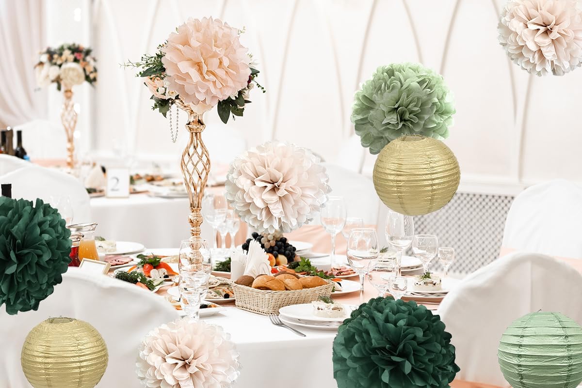 Hanging Party Decorations Tissue Pom Poms and Lanterns Backdrop