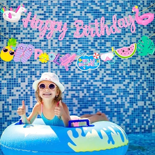 Pool Birthday Party Banners 2pcs Glitter Pink Hawaii Decorations