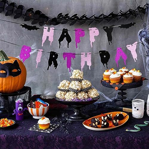 Happy Birthday Halloween Banner with Glitter Bats
