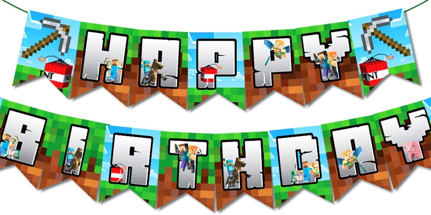 IndoTribe 10 Ft Pre-Strung Pixel Birthday Banner for Gamers
