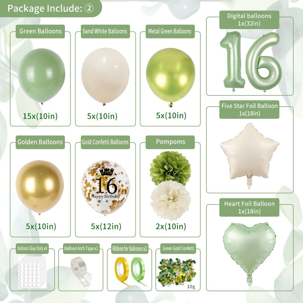 Sweet 16 Birthday Decorations Set Green Gold