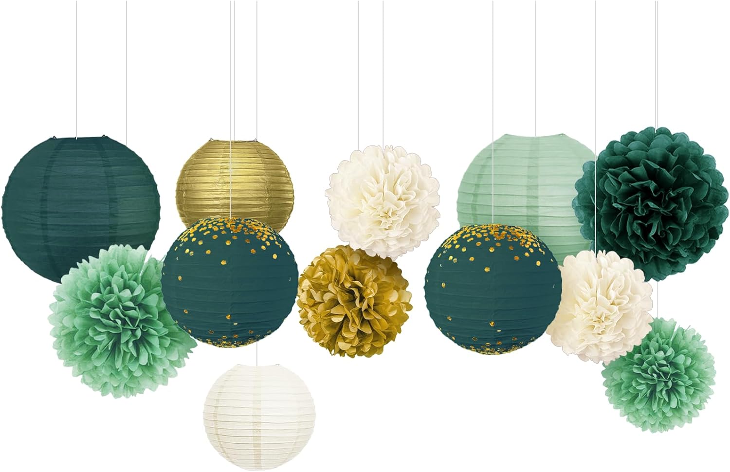 NICROLANDEE Green Tissue Pom Poms and Lanterns Decor Kit
