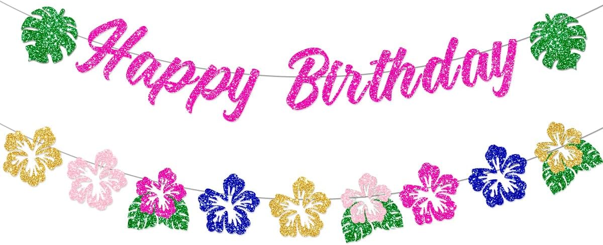 Hawaiian Happy Birthday Banner Decorations Glitter Luau Party