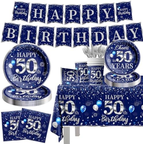 50th Birthday Tableware Set with Blue and Silver Decorations