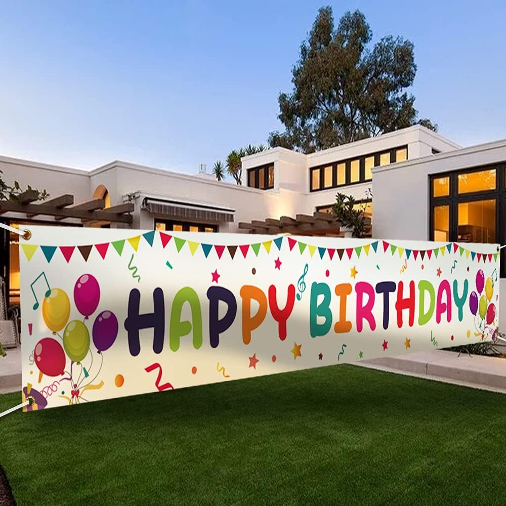 Large Happy Birthday Yard Banner with Hanging Rope and Brass Grommets