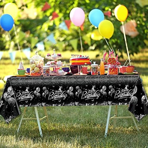 Happy Birthday Decorations 3pcs Silver Black Tablecloth