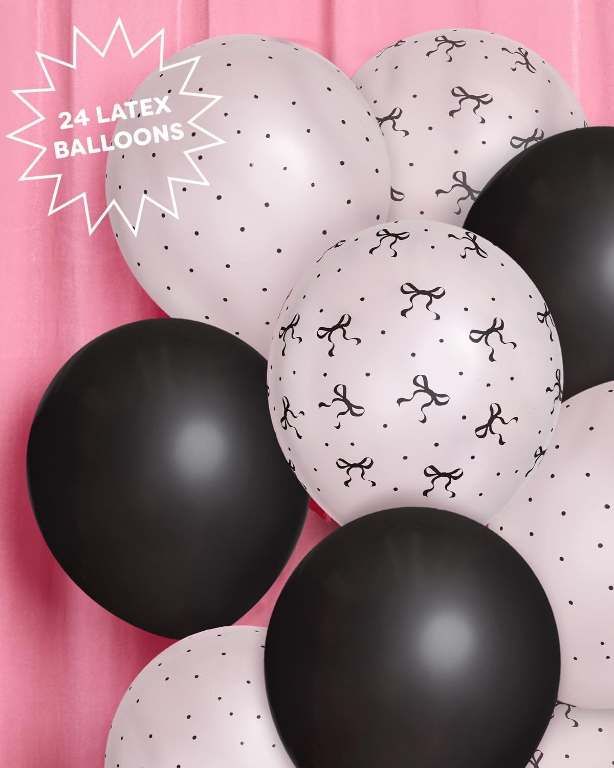 XO Fetti Black and White Bow Latex Balloons 24pk 12