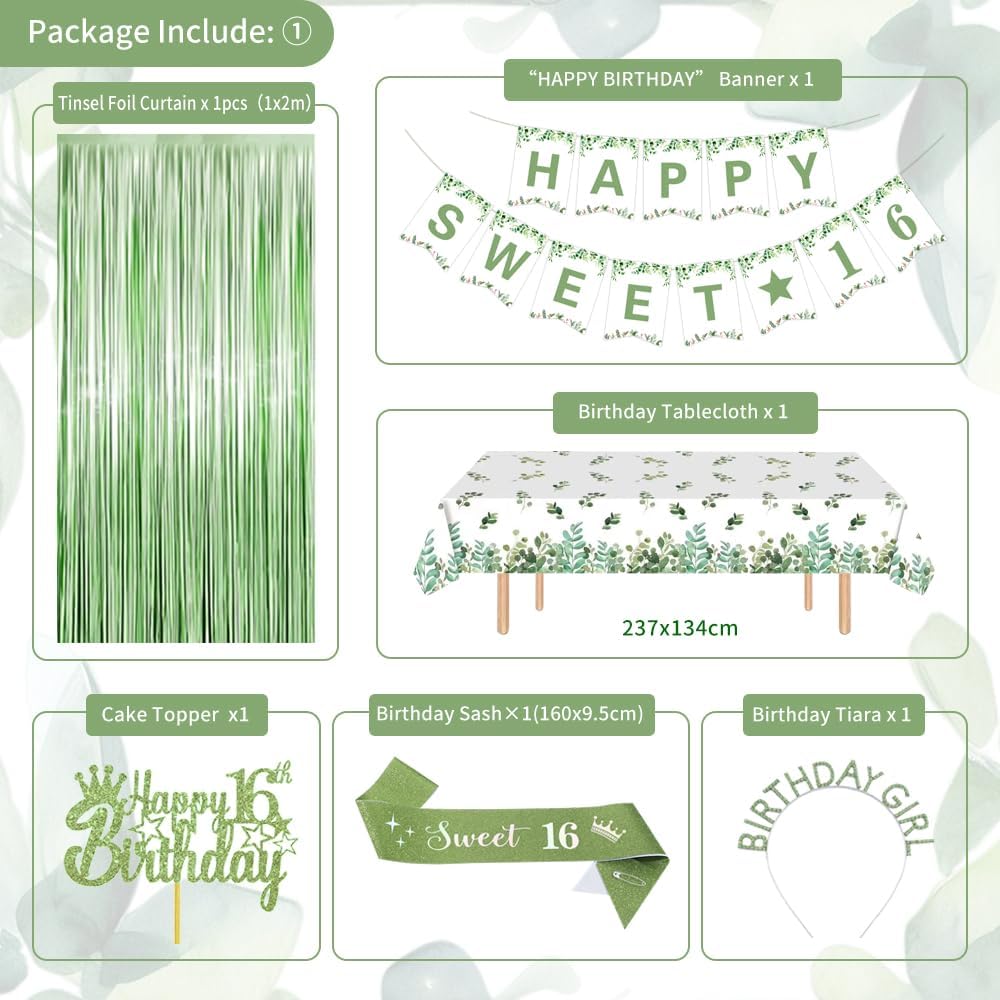 Sweet 16 Birthday Decorations Set Green Gold
