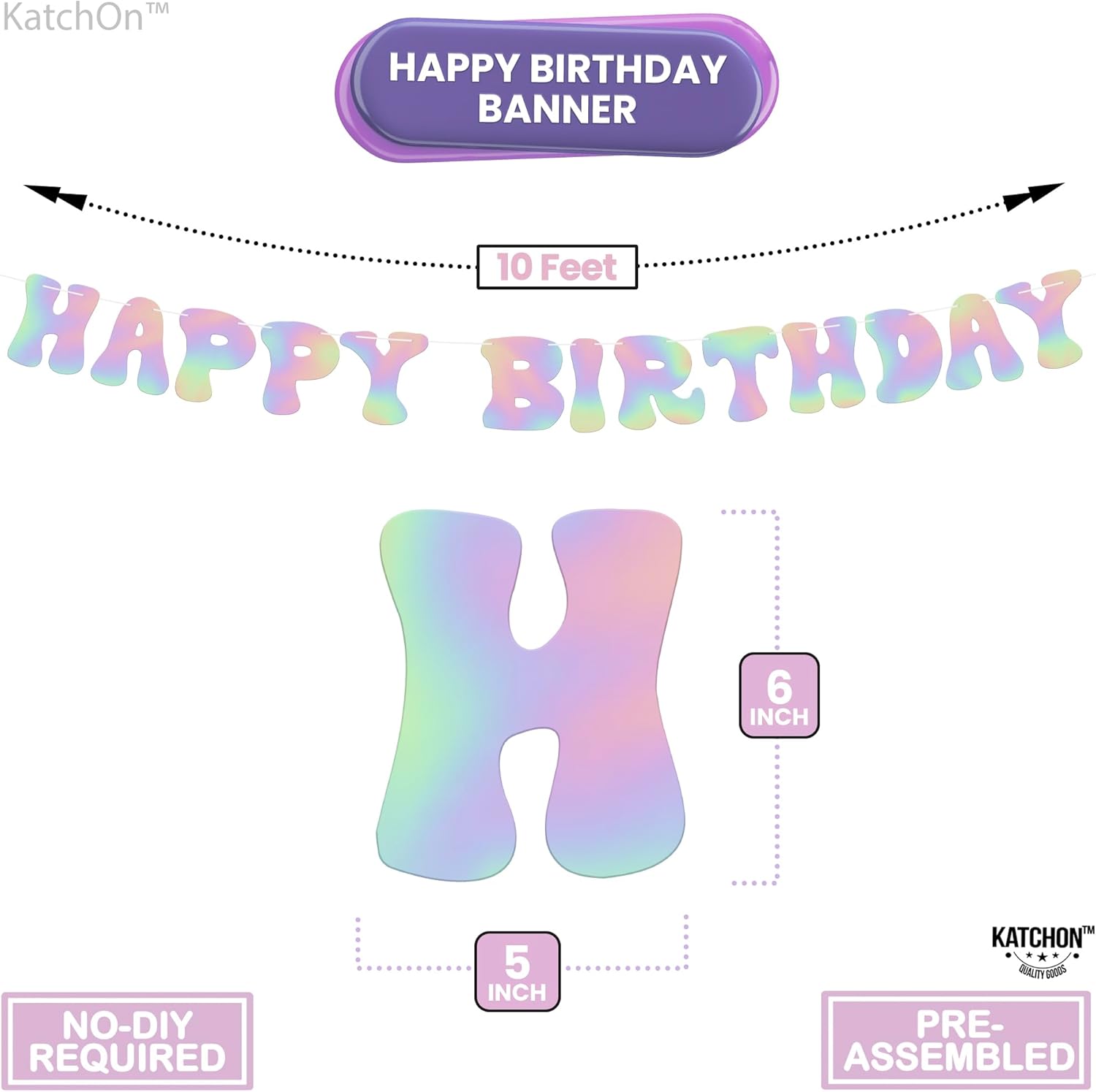 KatchOn Iridescent Happy Birthday Banner - 10 Feet Prestrung