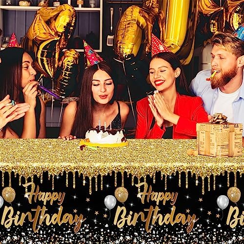 Happy Birthday Tablecloths 3pcs Black and Gold Glitter