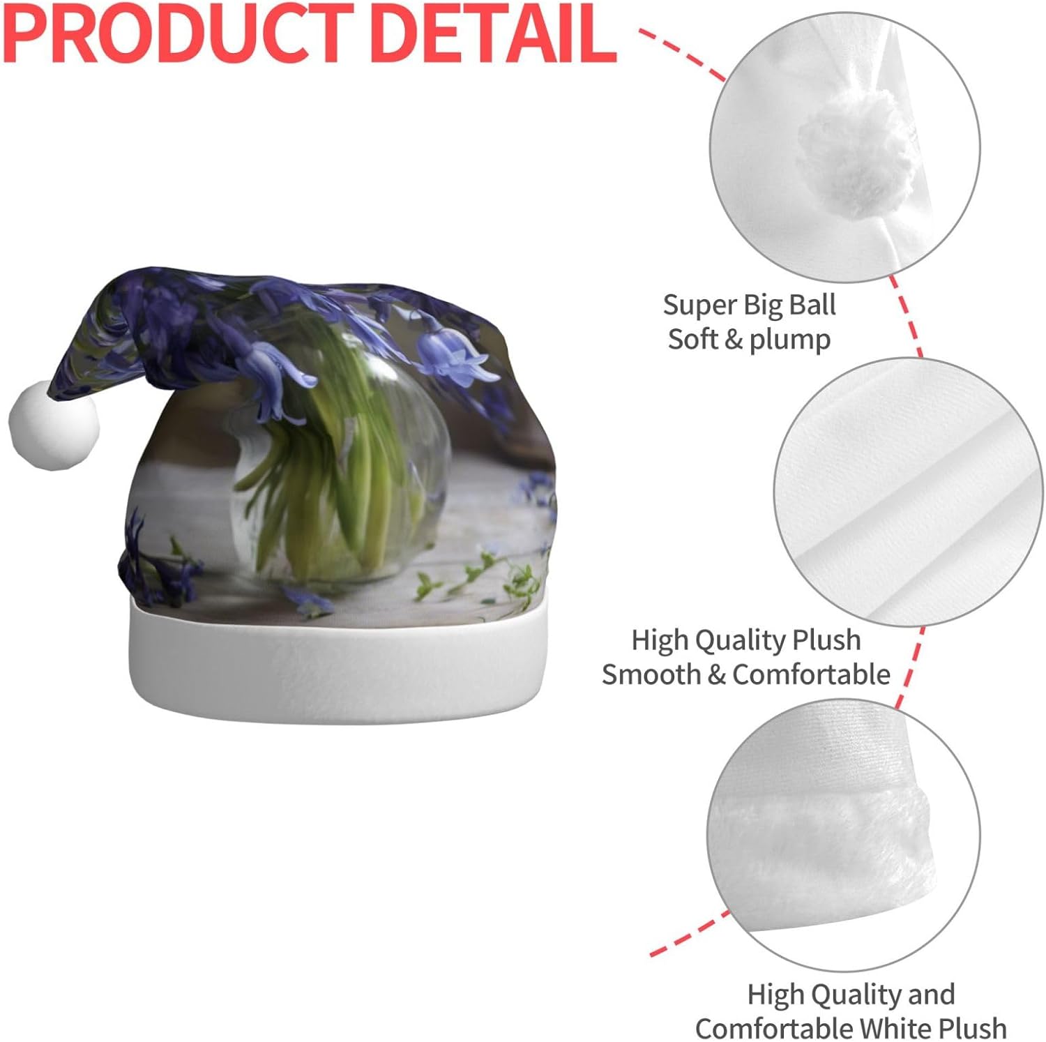 QinZheng Personalized Santa Hat with Bluebell Bouquet Print