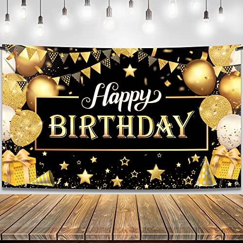 KatchOn Happy Birthday Banner Black and Gold Large 72x44 Inch