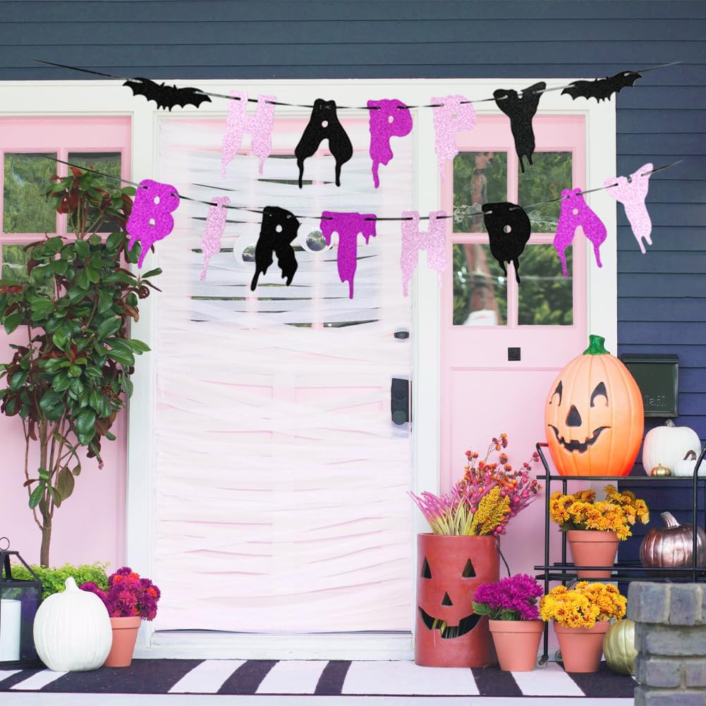Happy Birthday Halloween Banner with Glitter Bats