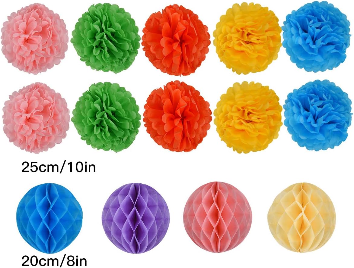 Koboome Rainbow Hanging Paper Fan Set with Pom Poms