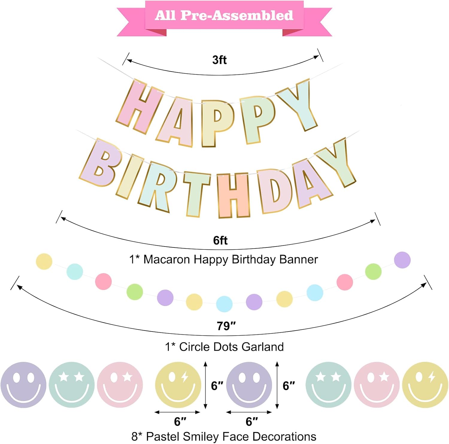 Danadia Pastel Birthday Banner with Smiley Face and Circle Dot Garland