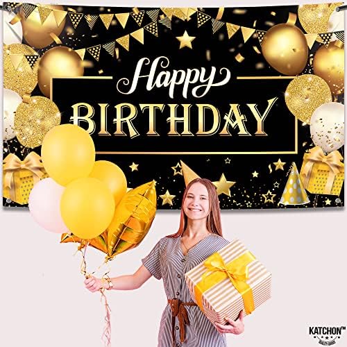 KatchOn Happy Birthday Banner Black and Gold Large 72x44 Inch