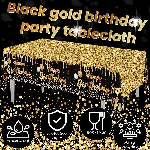 Happy Birthday Tablecloths 3pcs Black and Gold Glitter