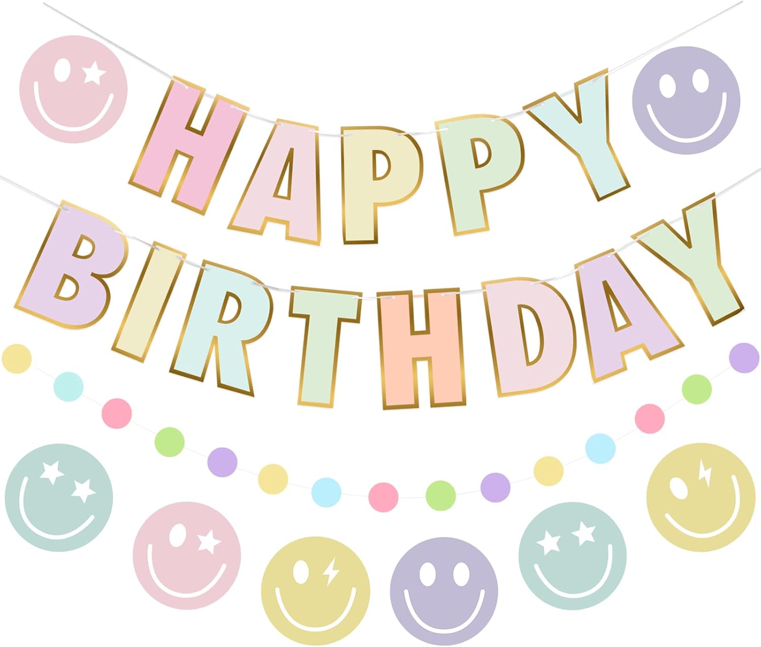 Danadia Pastel Birthday Banner with Smiley Face and Circle Dot Garland