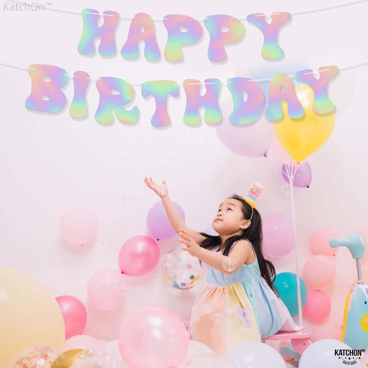 KatchOn Iridescent Happy Birthday Banner - 10 Feet Prestrung