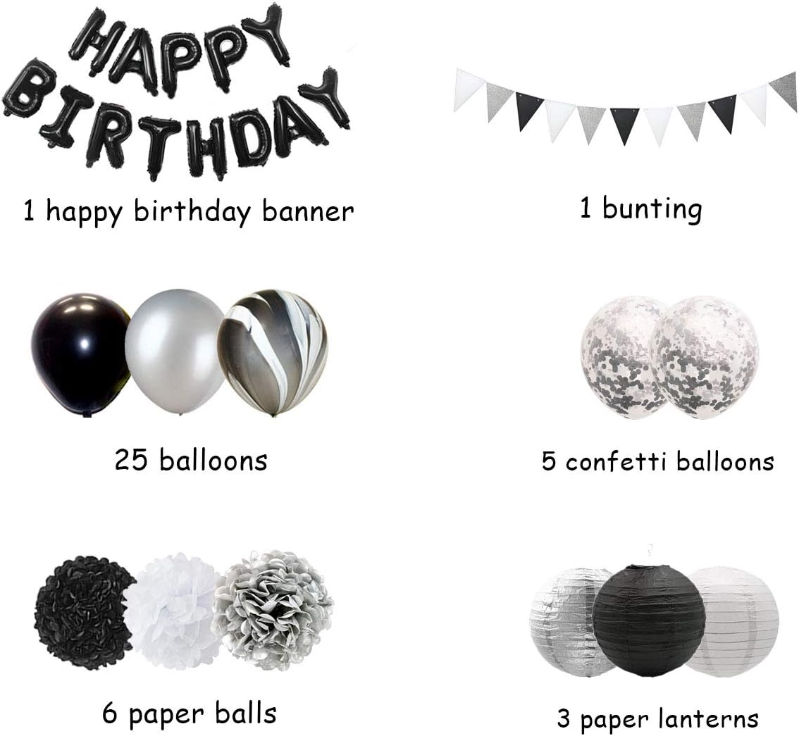 Black and Silver Birthday Party Decorations Set for Adults