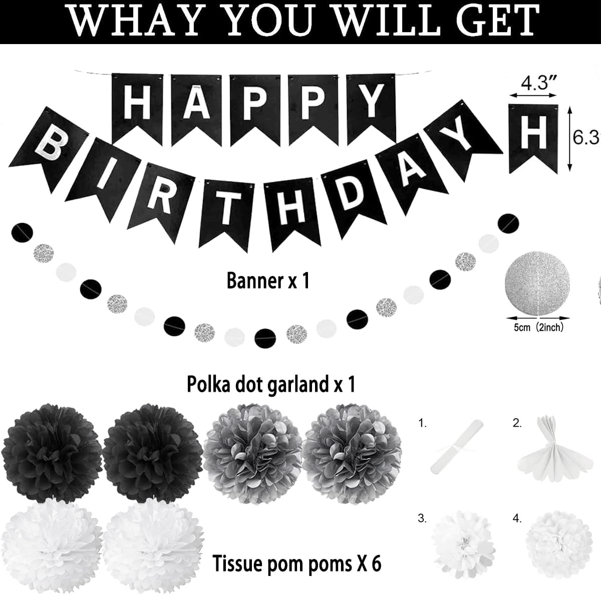 Black and Silver Birthday Party Decorations Set