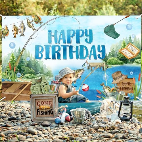 Avezano Gone Fishing Happy Birthday Banner 6x36ft