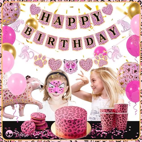 Pink Cheetah Birthday Banner with Decorations