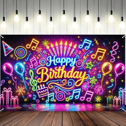 Neon Birthday Banner 71x43 Inch Glow in the Dark Photo Backdrop
