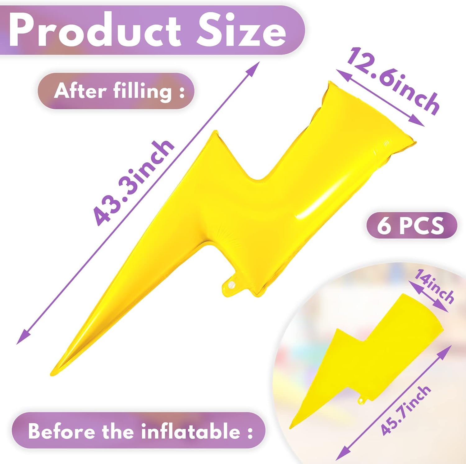 Set of 6 Flash Foil Balloons with Lightning Bolt Design 45 Inch Yellow