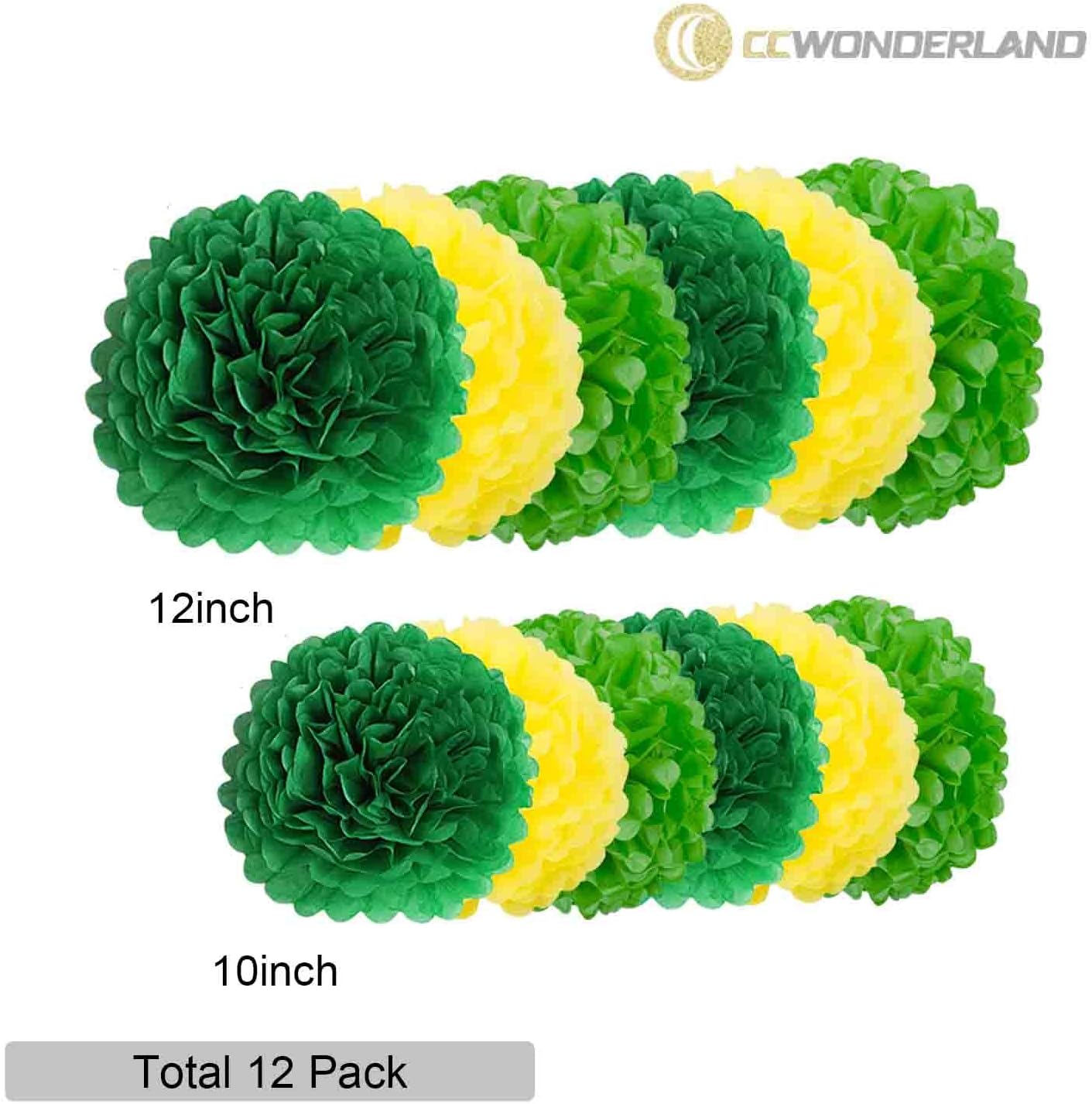 Dark Green Light Green Yellow Paper Pom Poms Set of 12
