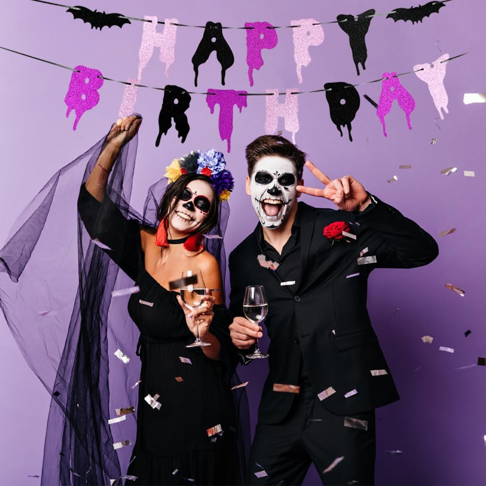 Happy Birthday Halloween Banner with Glitter Bats