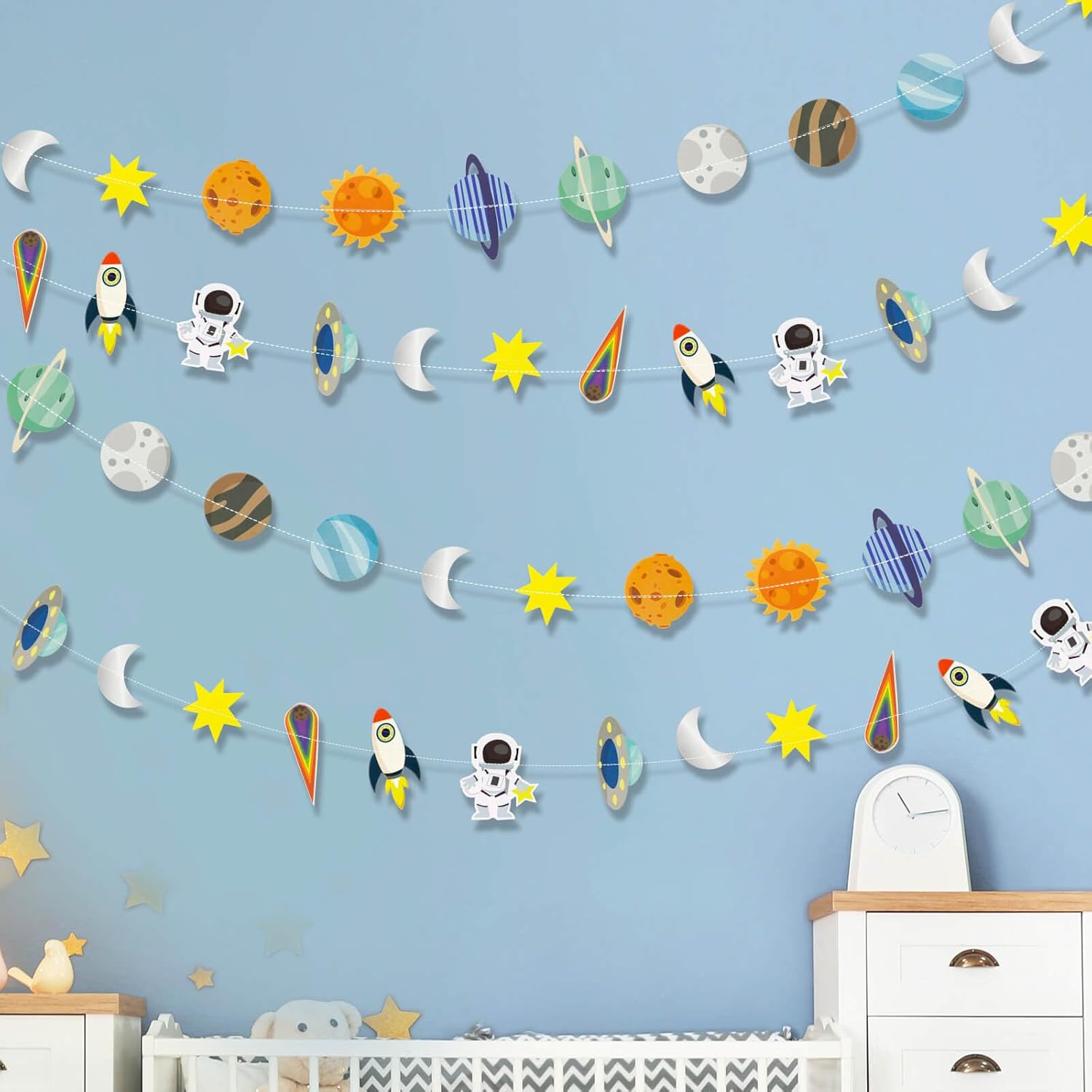 Galaxy Solar System Hanging Banner with Rockets and Stars