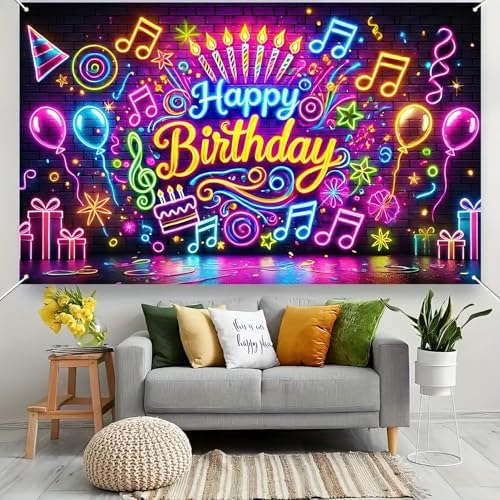 Neon Birthday Banner 71x43 Inch Glow in the Dark Photo Backdrop