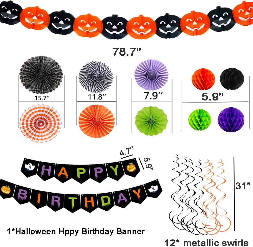 Halloween Birthday Decorations Paper Fans Pom Poms Streamers Garland