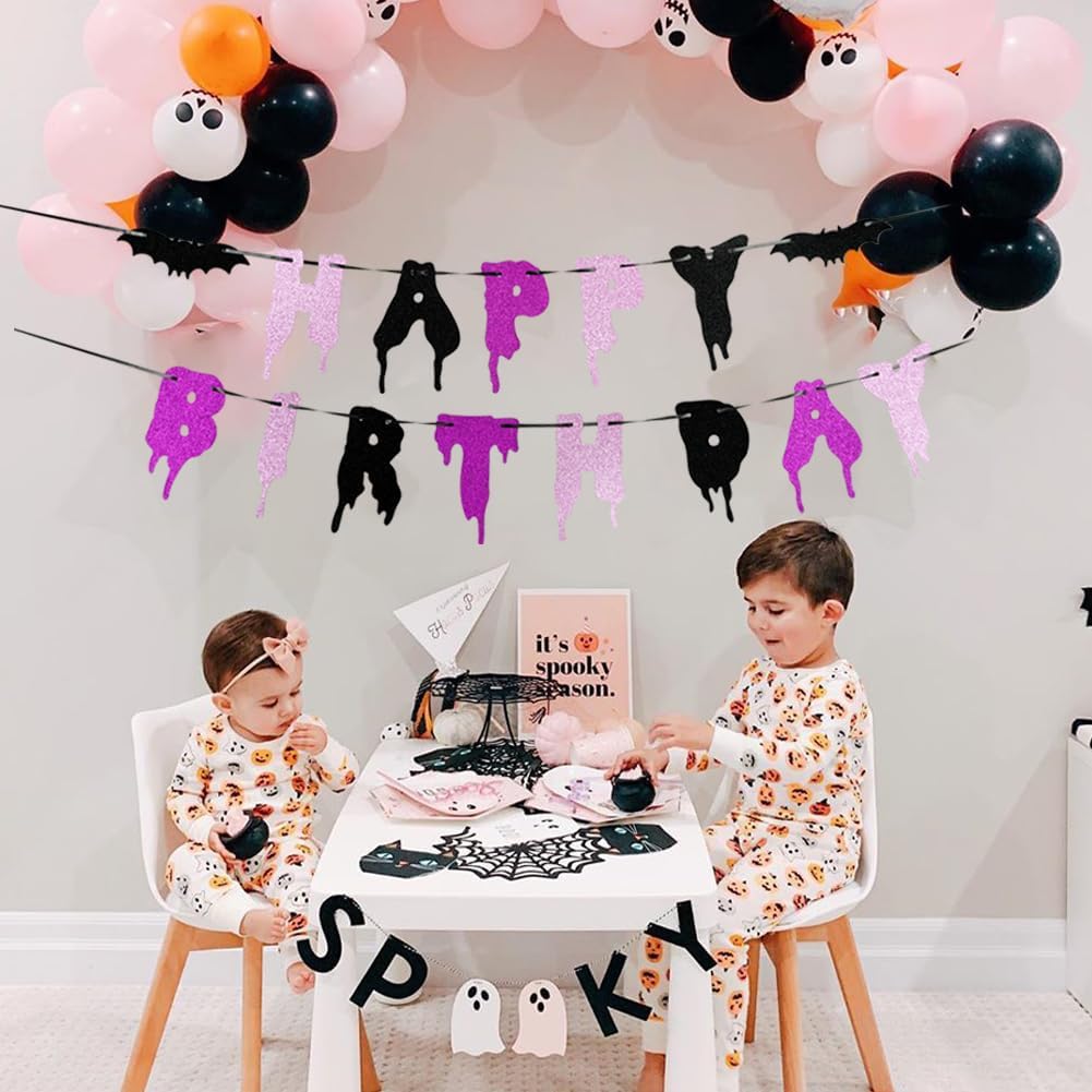 Happy Birthday Halloween Banner with Glitter Bats