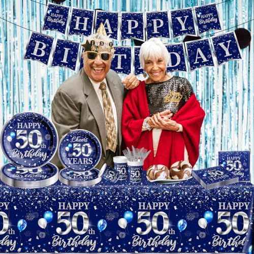 50th Birthday Tableware Set with Blue and Silver Decorations