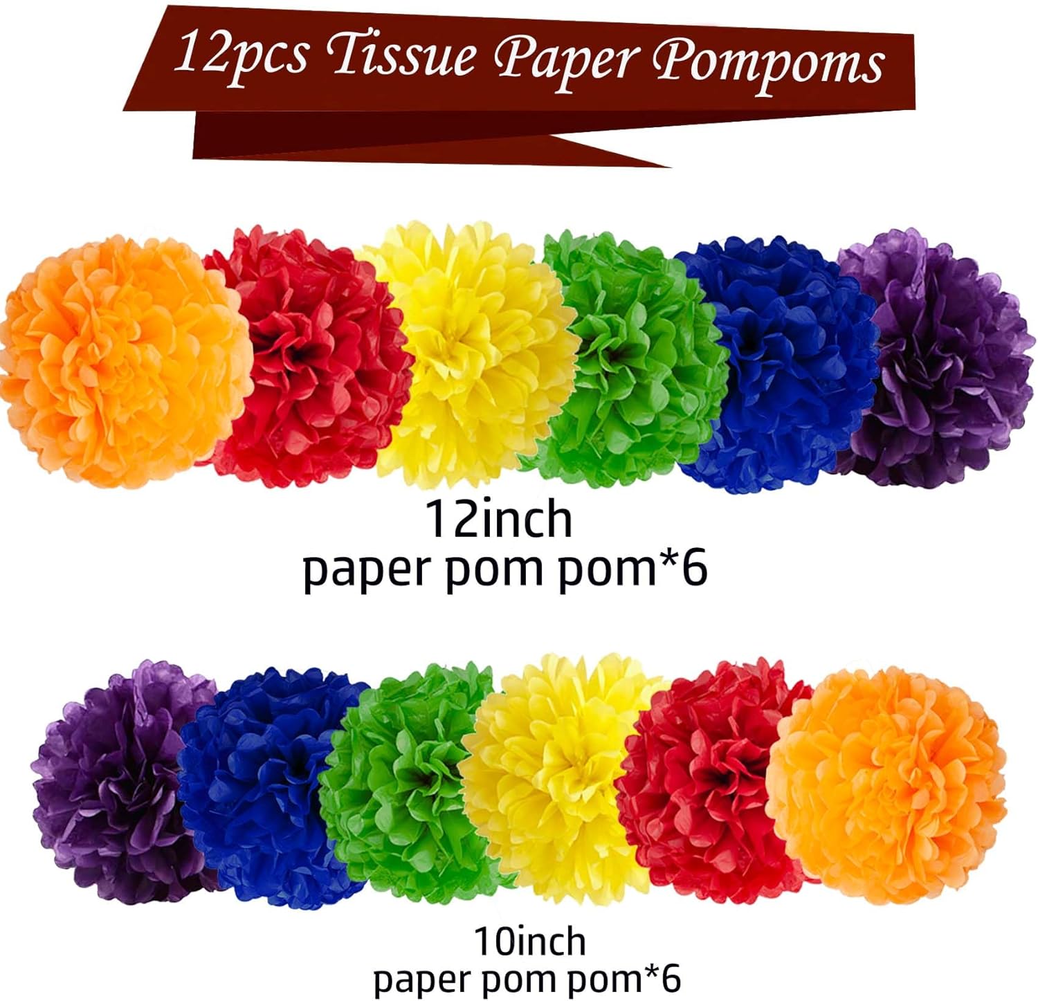 Rainbow Tissue Paper Pom Poms 12 Pcs Party Decor Set