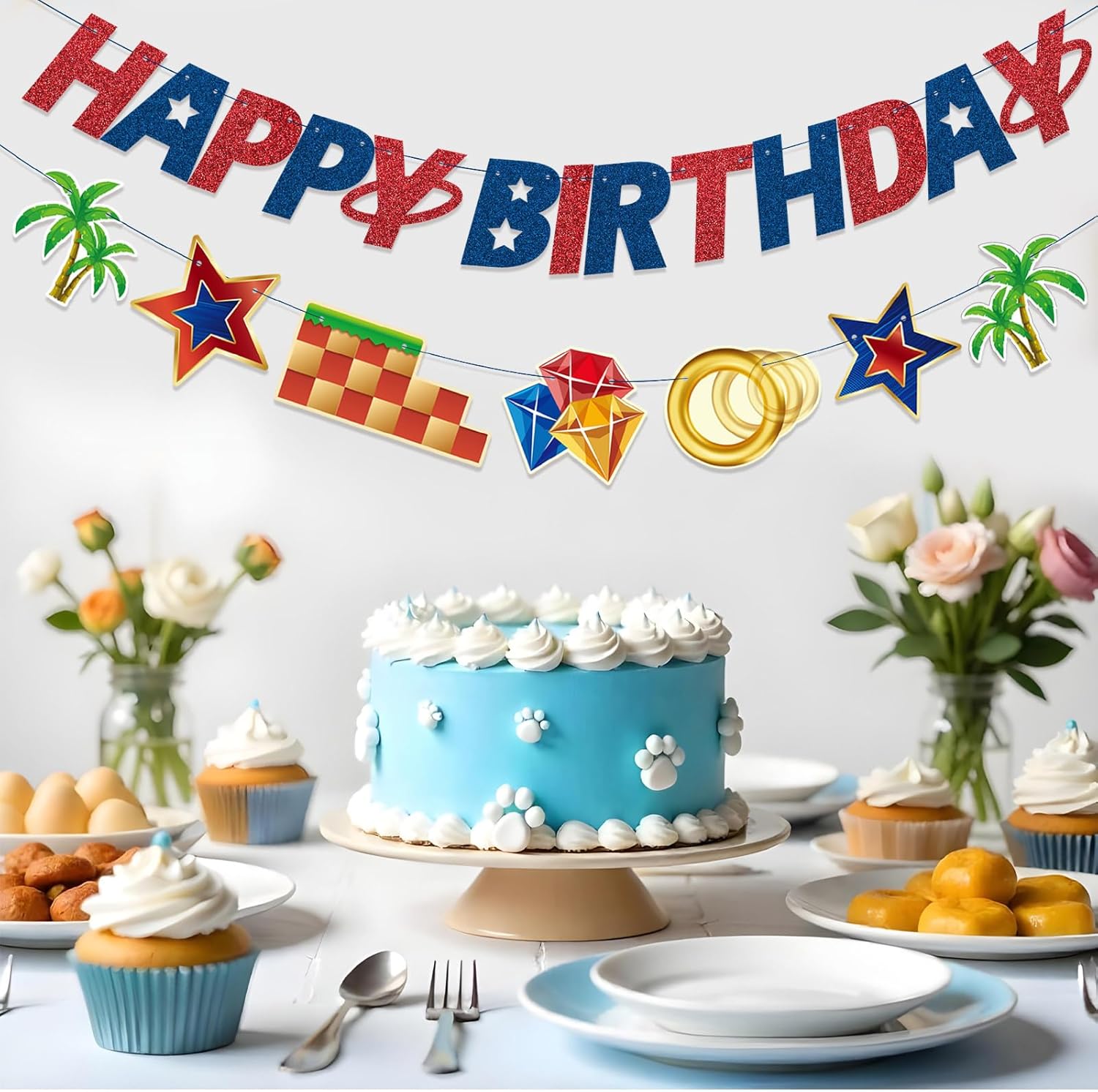 Blue Hedgehog Happy Birthday Banner for Boys