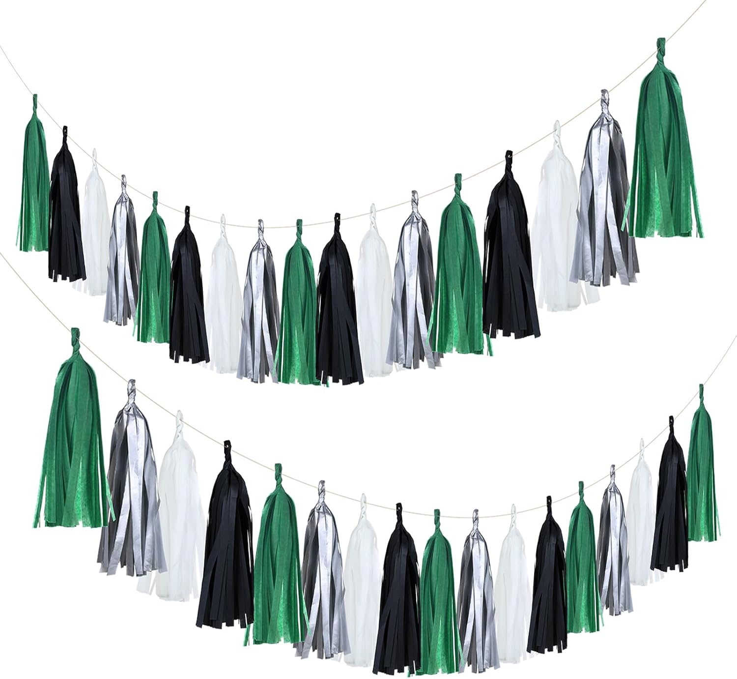 Guzon 20 Pack Black Green Silver Tassel Garland for Soccer Party