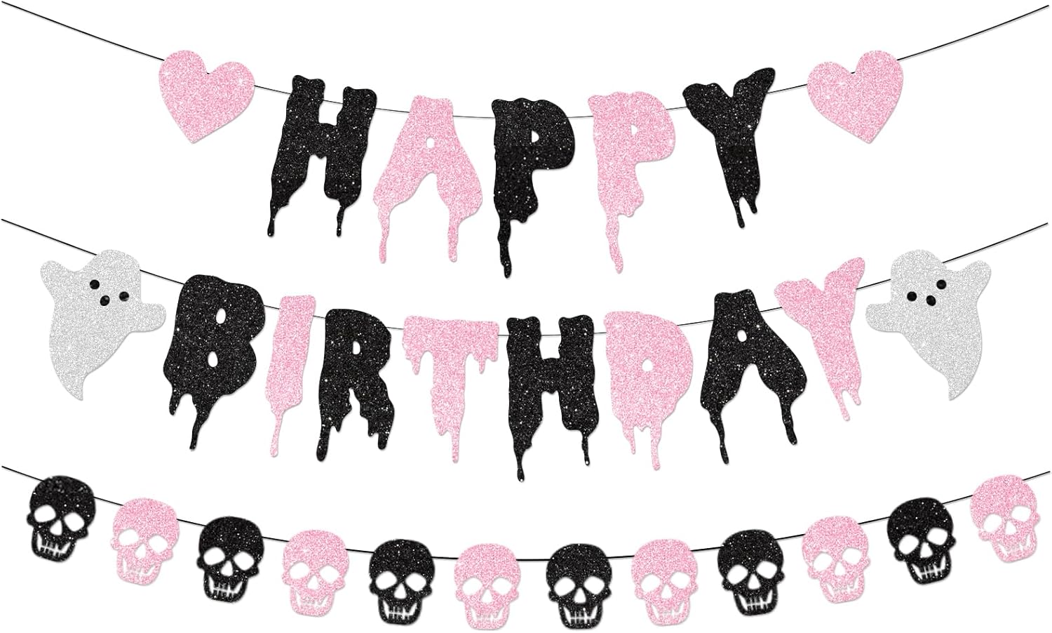 Pink Glitter Halloween Birthday Banner with Skull Heart Design