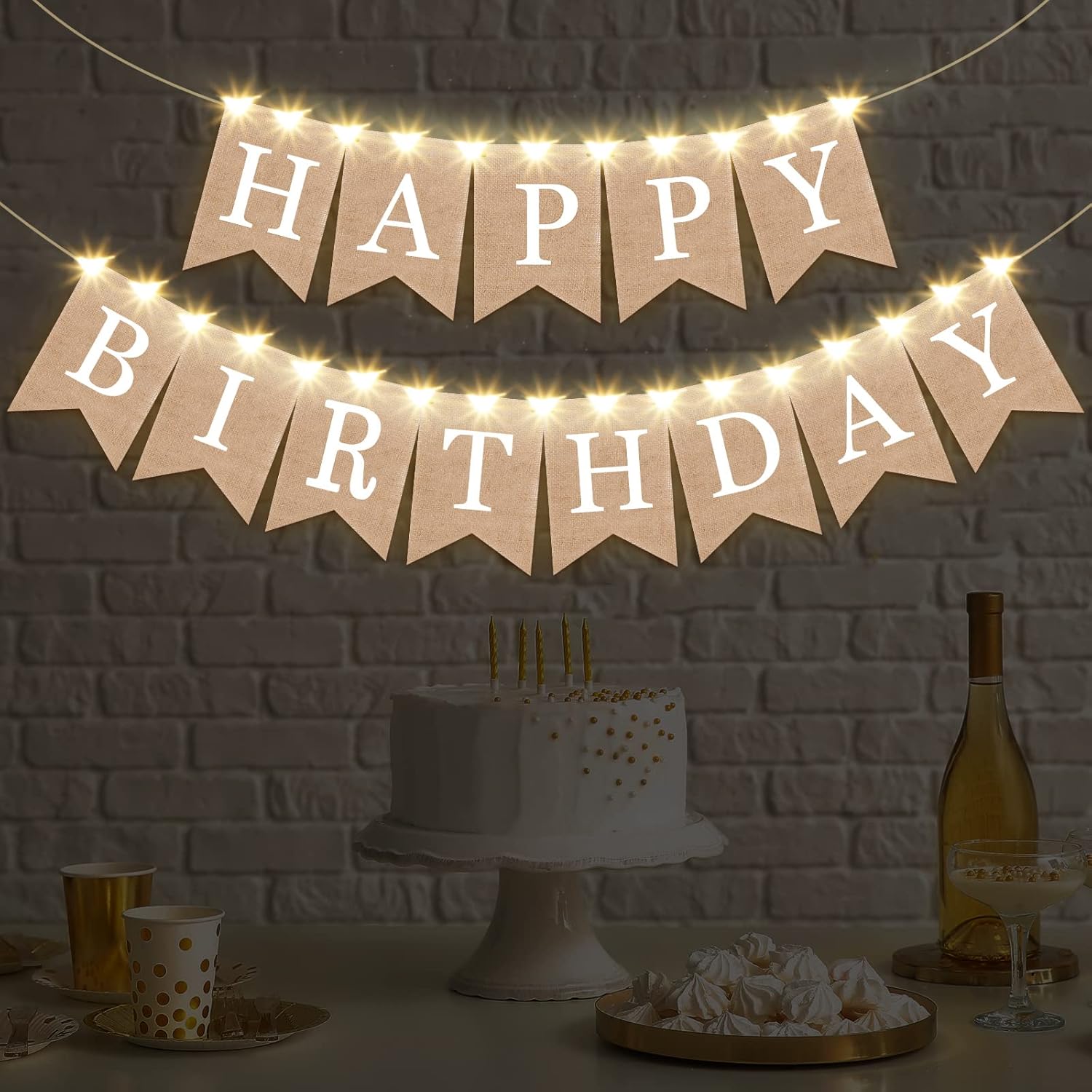 Breling 2 Piece Burlap Birthday Banner with LED Lights Decor