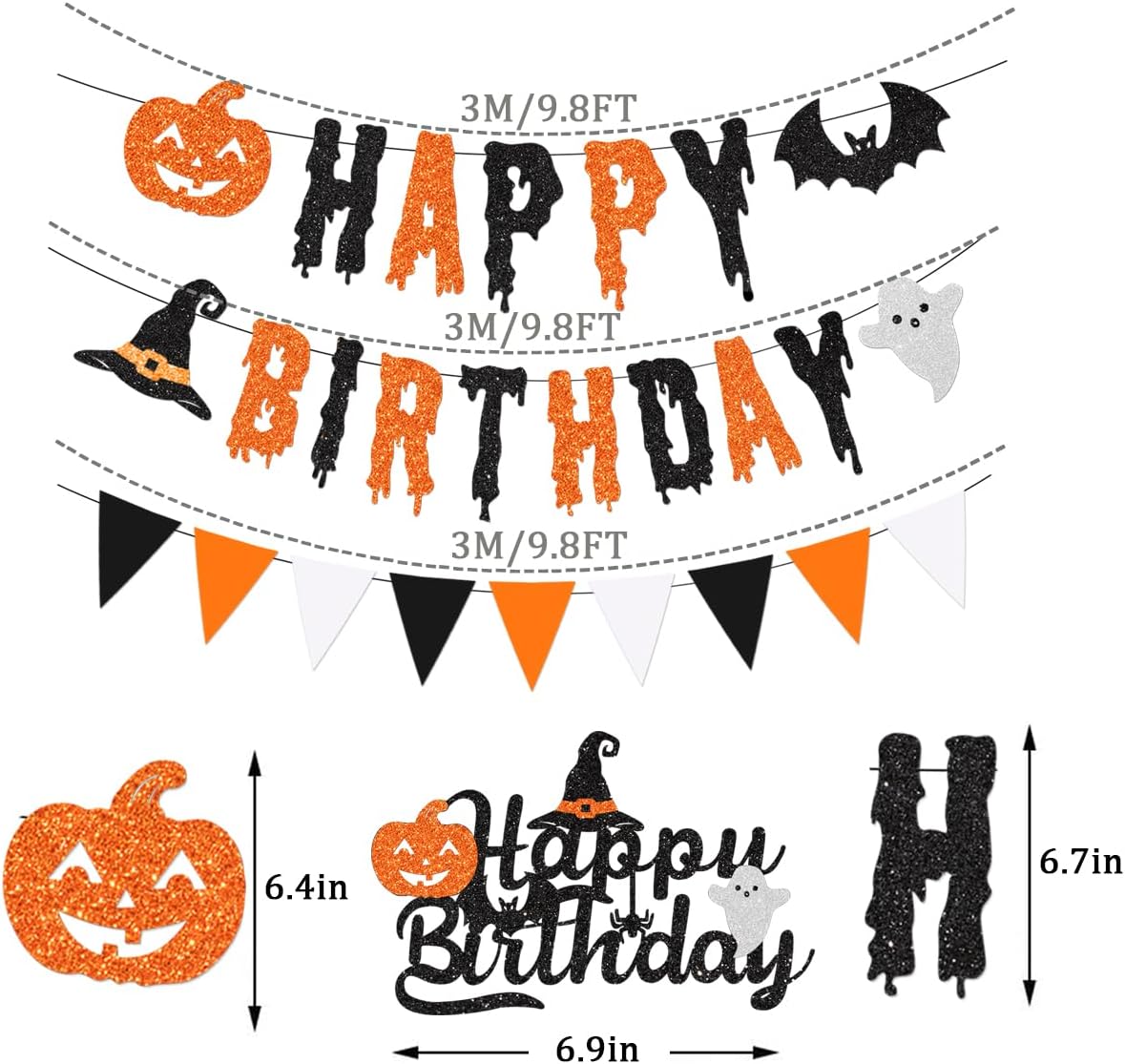 Glitter Halloween Birthday Banner with Cake Toppers