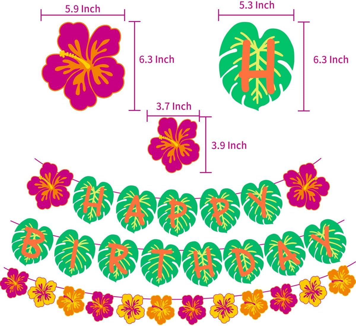 Hawaiian Party Happy Birthday Banner for Tropical Luau Decorations