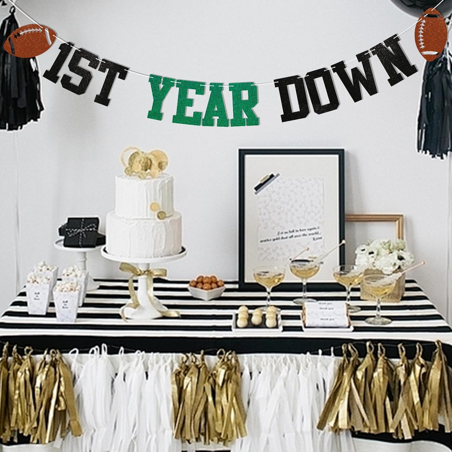 Pre-Strung Football 1st Birthday Bunting Banner Green Black Glitter
