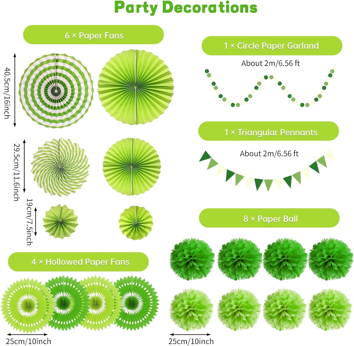 Green Party Decorations with Hanging Fan Pom Poms Garland Pennant