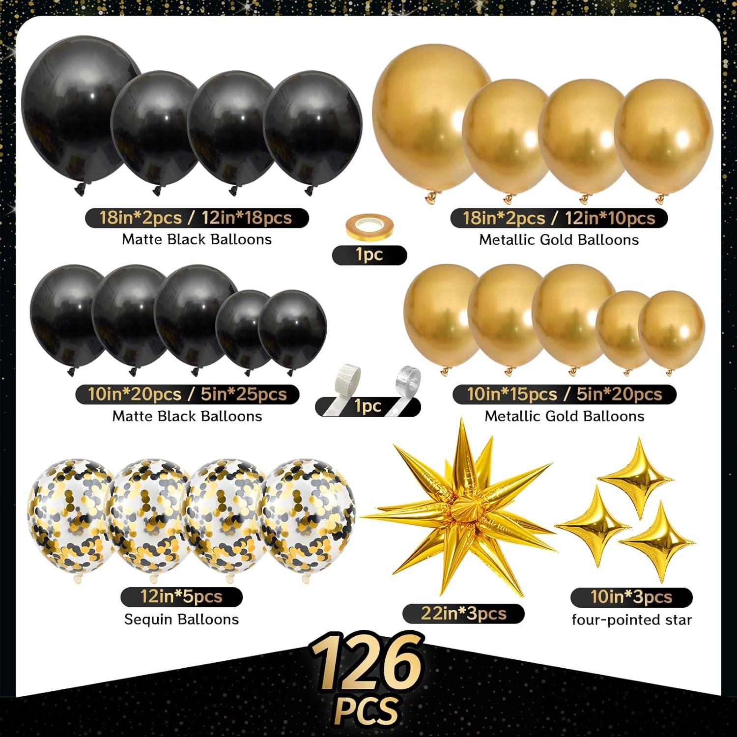 Black and Gold Balloon Arch Kit 126 Pieces